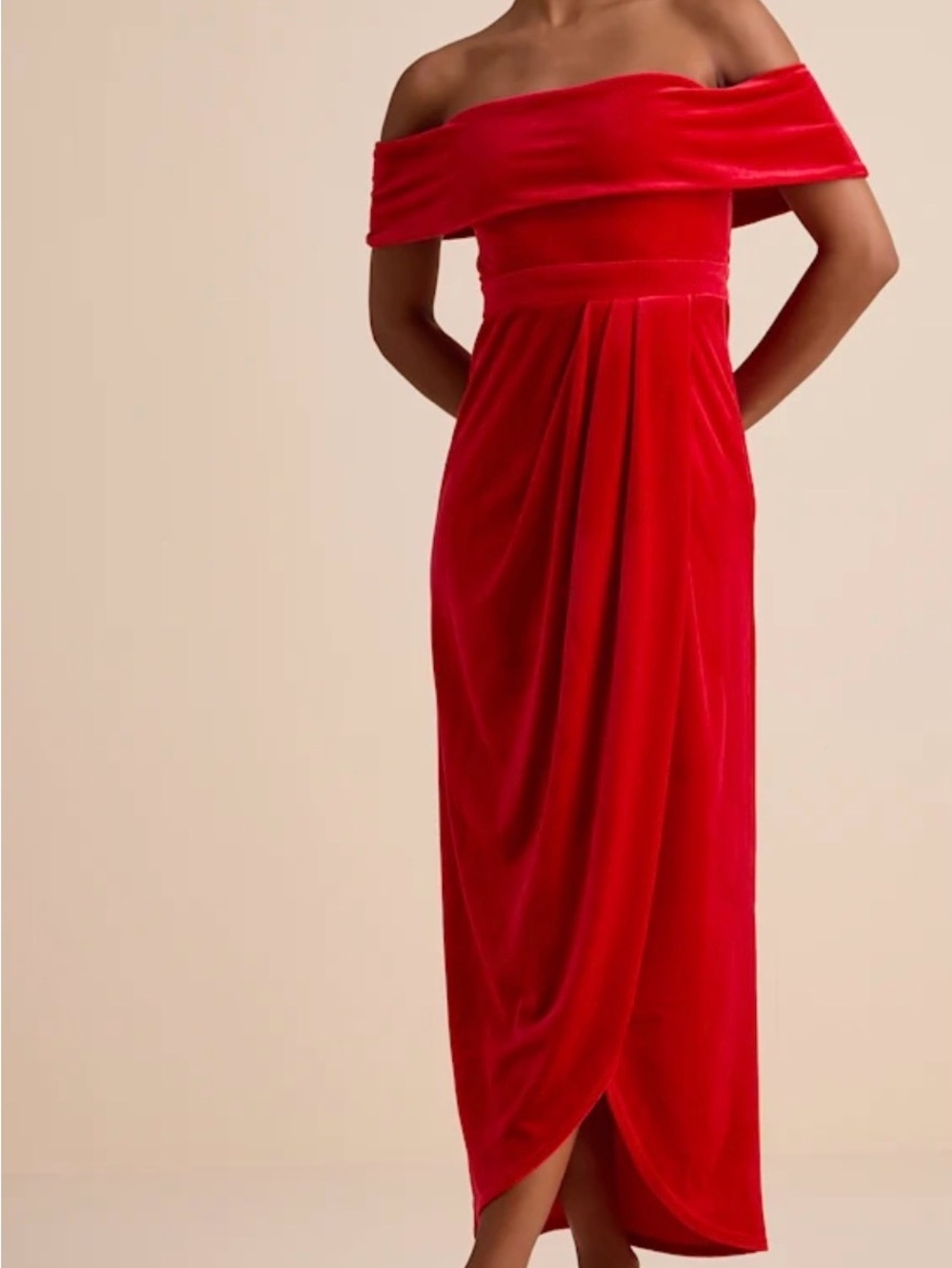 Lulu's enchanted red off the shoulder Velvet Gown